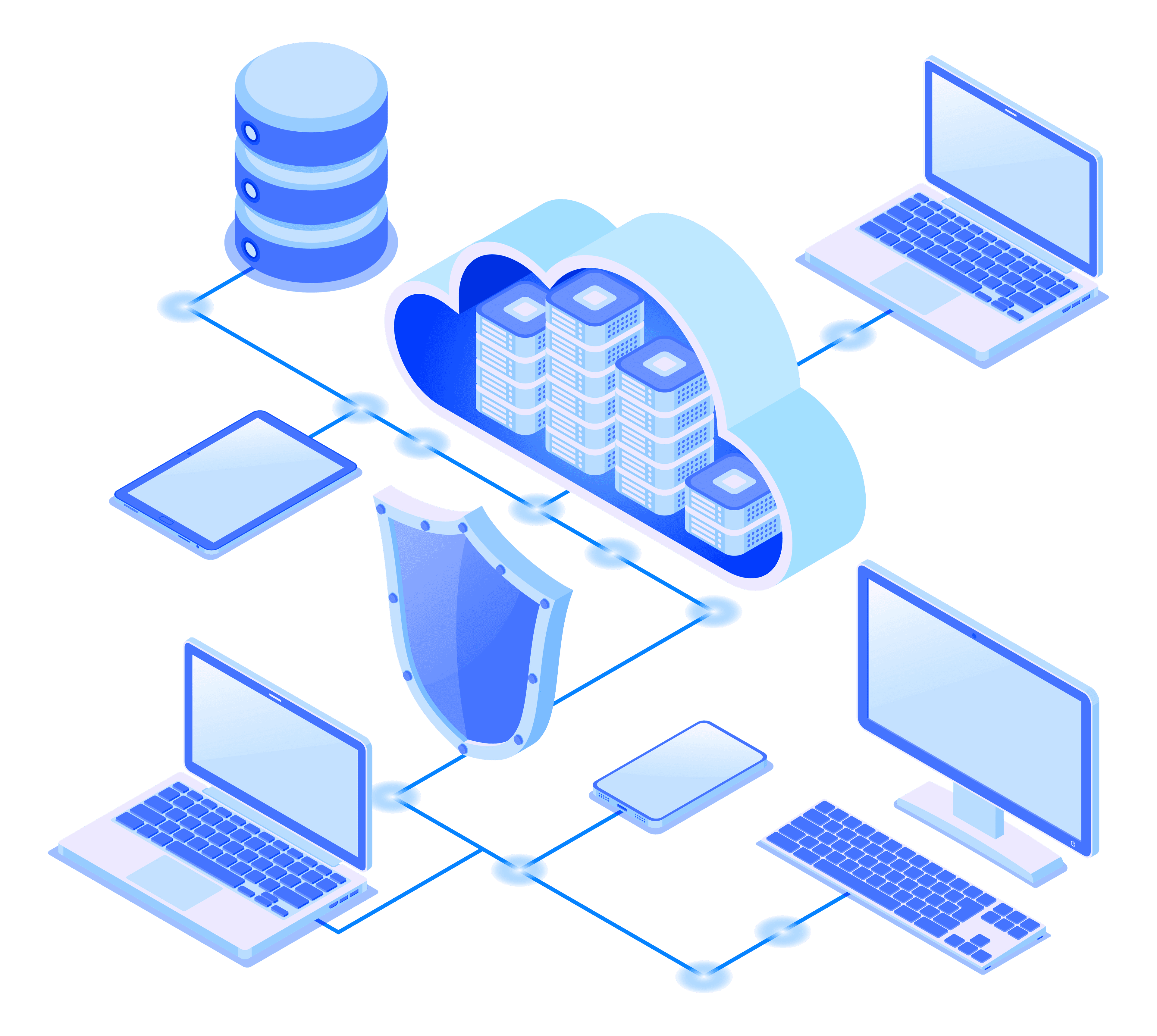 Ilustración isométrica de infraestructura tecnológica empresarial: nube, servidores, notebooks, tablets y seguridad de datos conectados.