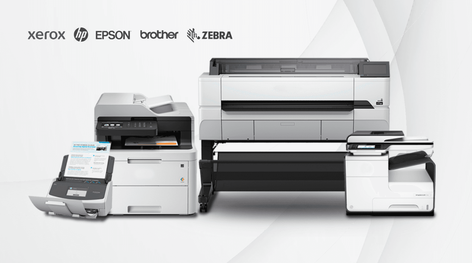Soluciones de impresión Xerox, HP, Brother y Zebra: multifuncionales, plotter y scanner.