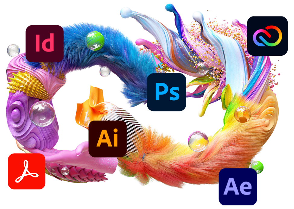 Adobe Creative Cloud — composición artística con apps InDesign, Photoshop, Illustrator, Acrobat y After Effects sobre un escenario de líquido y plumas coloridas.