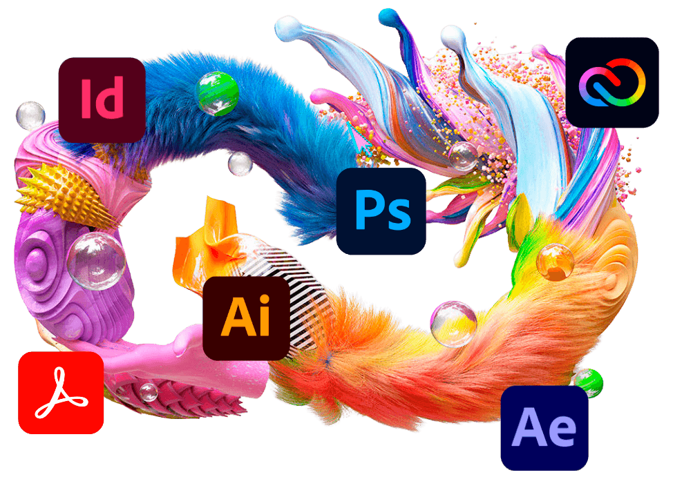 Adobe Creative Cloud — composición artística con apps InDesign, Photoshop, Illustrator, Acrobat y After Effects sobre un escenario de líquido y plumas coloridas.
