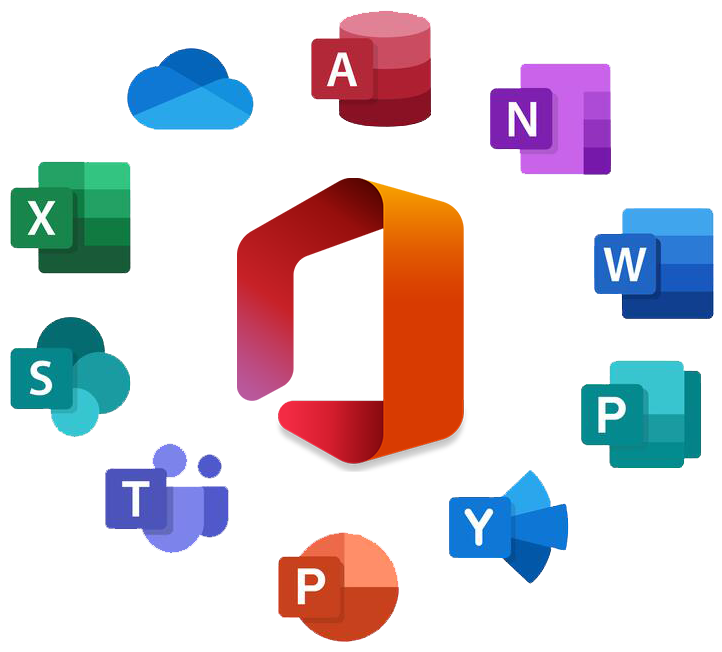 Microsoft 365 — logo central de Office rodeado de íconos de Excel, Word, Outlook, Teams, OneDrive, SharePoint, PowerPoint, Access, OneNote y Yammer.