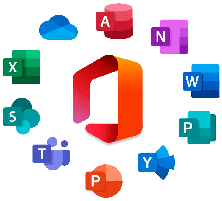Microsoft 365 — logo central de Office rodeado de íconos de Excel, Word, Outlook, Teams, OneDrive, SharePoint, PowerPoint, Access, OneNote y Yammer.