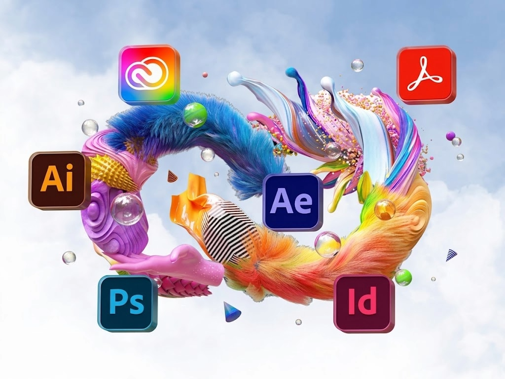 Adobe Creative Cloud — composición artística con apps Creative Cloud, Illustrator, After Effects, InDesign, Photoshop y Acrobat sobre un remolino de colores con fondo de cielo y nubes.