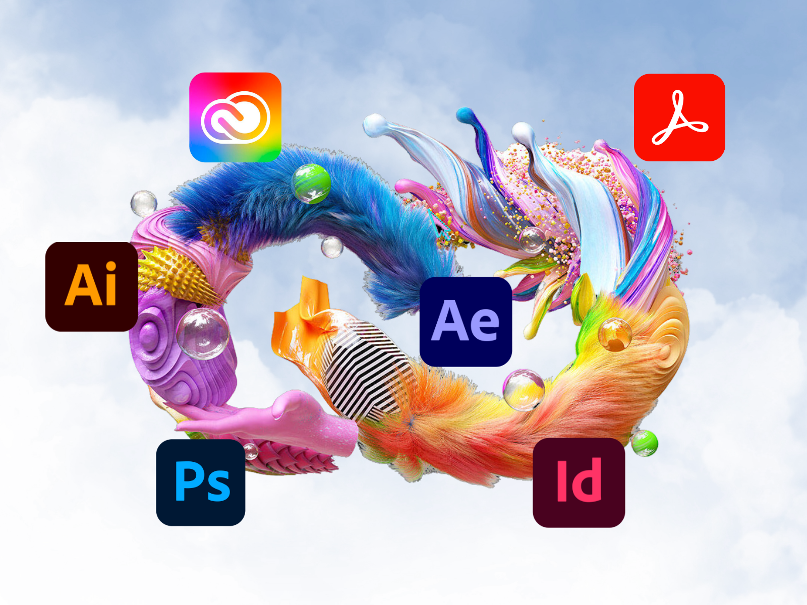 Adobe Creative Cloud — composición artística con apps Creative Cloud, Illustrator, After Effects, InDesign, Photoshop y Acrobat sobre un remolino de colores con fondo de cielo y nubes.