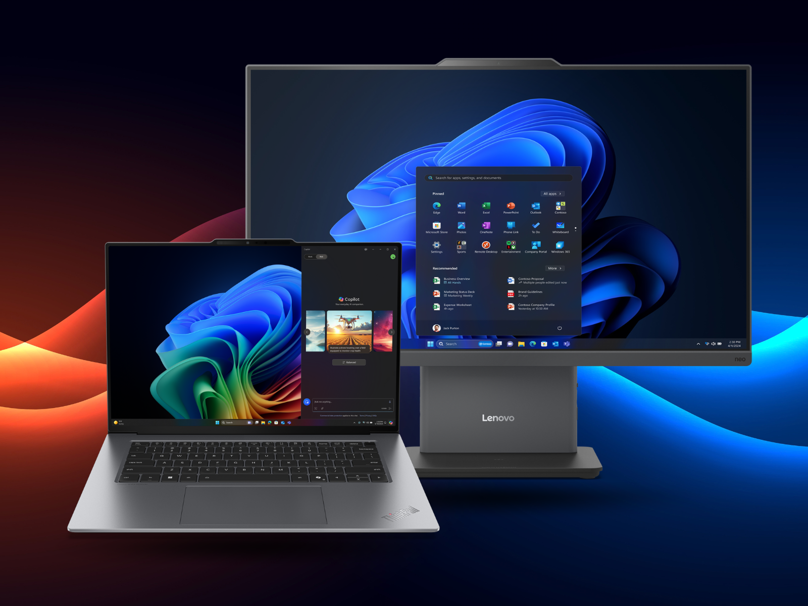 Computación corporativa Lenovo — notebook ThinkPad y all-in-one ThinkCentre neo con Windows 11.