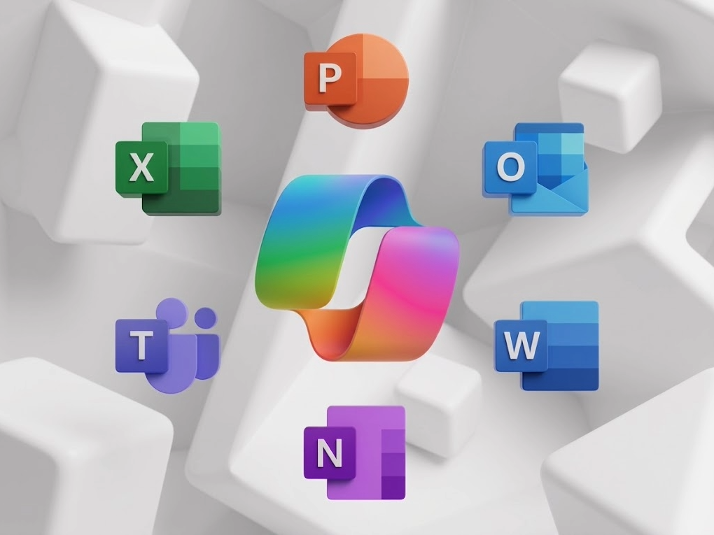 Microsoft 365 Copilot — logo de Copilot rodeado de íconos de PowerPoint, Outlook, Word, OneNote, Teams y Excel.