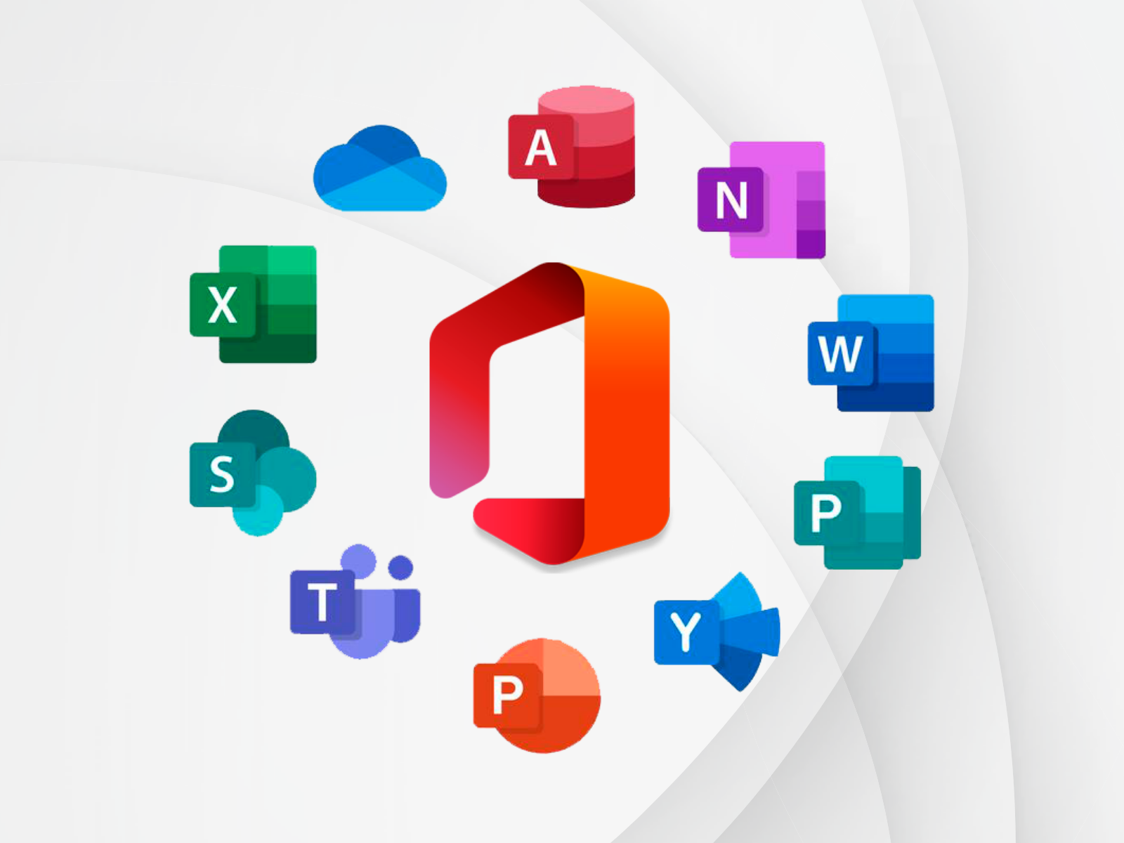 Microsoft 365 — logo central de Office rodeado de íconos de Excel, Word, PowerPoint, Teams, OneDrive, SharePoint, Access, OneNote, Publisher y Yammer.